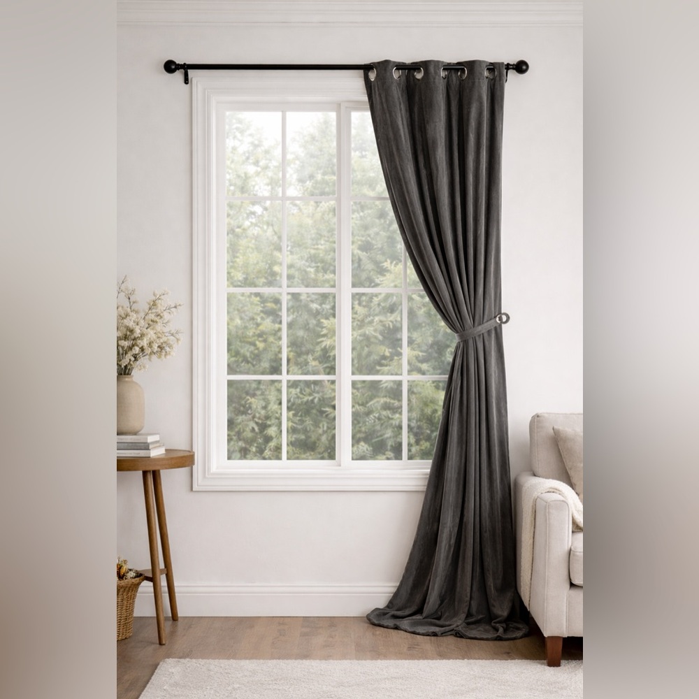 West Elm Gray Cotton Washed Velvet Curtain Panel 48 x 108 inches